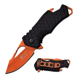 mtech usa – spring assisted folding knife – orange fine edge stainless steel blade with black nylon fiber handle, bottle opener, pocket clip, tactical, edc, self defense- mt-a882or