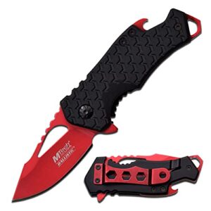 mtech usa – spring assisted folding knife – red fine edge stainless steel blade with black nylon fiber handle, bottle opener, pocket clip, tactical, edc, self defense- mt-a882rd