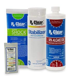 rx clear spring start-up kit | chemicals for opening swimming pools | above or inground | for pools up to 7,500 gallons | includes shock, algaecide, stabilizer/conditioner and test strips