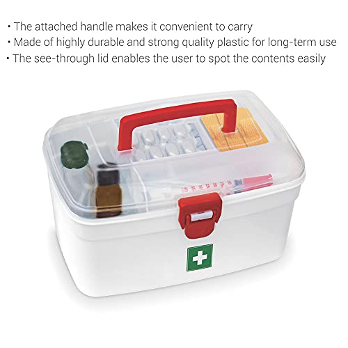 Milton Medical Box, First Aid Empty Medicine Storage Box | Organizer | Attached Handle | Family Emergency Kit | Detachable Tray | Easily Accessible with a Transparent Lockable Lid | White