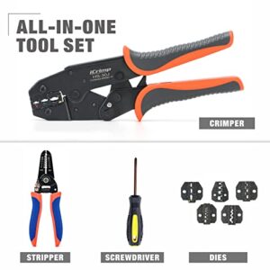 iCrimp Wire Crimping Tool Set with Wire Cable Stripper, Ratcheting Wire Crimper Tool with 5pcs Interchangeable Dies for Insulated and Non-insulated Connectors Terminal and End-sleeves Ferrule