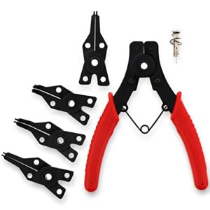 abn snap ring pliers set – 5 pc interchangeable jaw head c clip pliers set – straight, 45, and 90 degree angled jaws