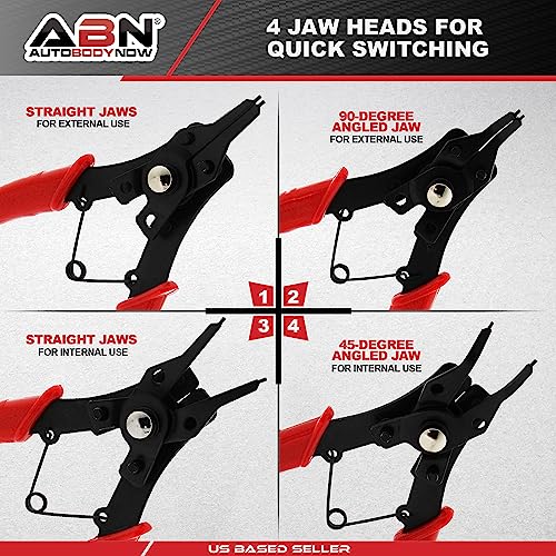 ABN Snap Ring Pliers Set – 5 Pc Interchangeable Jaw Head C Clip Pliers Set – Straight, 45, and 90 Degree Angled Jaws