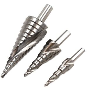 HSS6542 M2 Steel Spiral Groove Unibit HSS Step Drill Bits Set for Metal Stainless Steel Wood Step Cone Drill Hole Cutting Tool, Set of 3