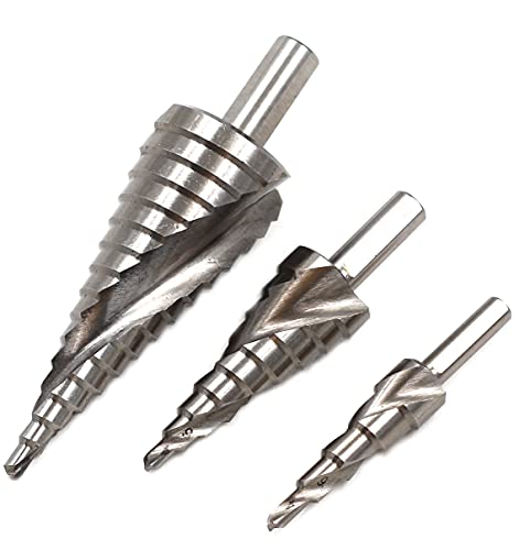 HSS6542 M2 Steel Spiral Groove Unibit HSS Step Drill Bits Set for Metal Stainless Steel Wood Step Cone Drill Hole Cutting Tool, Set of 3