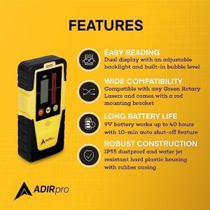 AdirPro Universal Rotary Laser Detector (LD-8) - Digital Rotary Laser Receiver with Dual Display and Built-In Bubble Level, Compatible with All Red Rotary Lasers - Rod Clamp Included