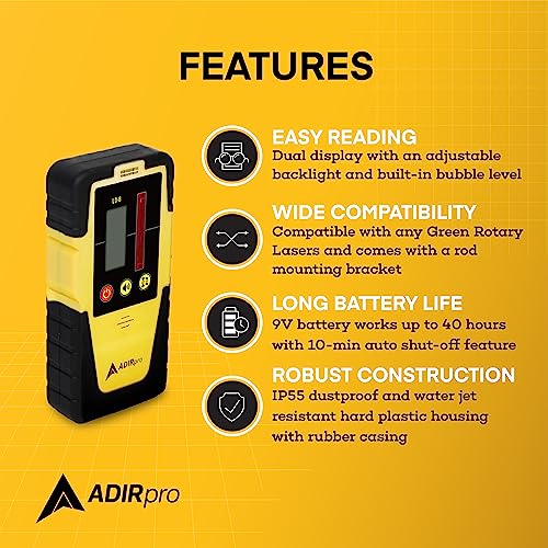 AdirPro Universal Rotary Laser Detector (LD-8) - Digital Rotary Laser Receiver with Dual Display and Built-In Bubble Level, Compatible with All Red Rotary Lasers - Rod Clamp Included