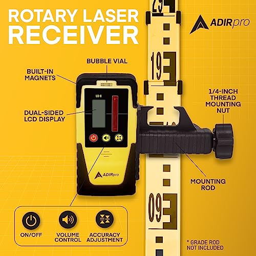 AdirPro Universal Rotary Laser Detector (LD-8) - Digital Rotary Laser Receiver with Dual Display and Built-In Bubble Level, Compatible with All Red Rotary Lasers - Rod Clamp Included