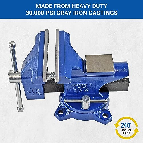 Yost Vises LV-4 Homeowner's Vise | 4.5 Inch Jaw Width with a 3 Inch Jaw Opening Home Vise | Secure Grip with Swivel Base | Assembled with a Combination of Powder Coated Cast Iron and Steel | Blue