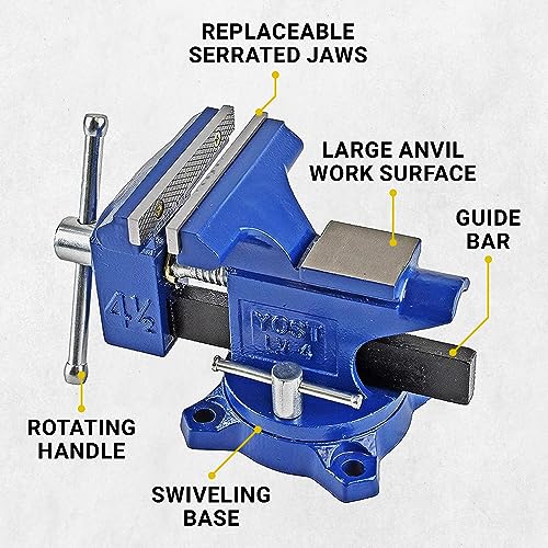 Yost Vises LV-4 Homeowner's Vise | 4.5 Inch Jaw Width with a 3 Inch Jaw Opening Home Vise | Secure Grip with Swivel Base | Assembled with a Combination of Powder Coated Cast Iron and Steel | Blue