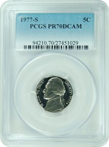 1977 jefferson (new pcgs label) nickel pr-70 pcgs dcam