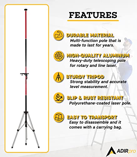 AdirPro Laser Level Pole with Tripod and Mount for Laser Levels, Rotary Lasers & Line Lasers – Telescoping Laser Pole, Mounting Bracket with 1/4”-20 & 5/8-11 Threads, and Adjustable Tripod Stand