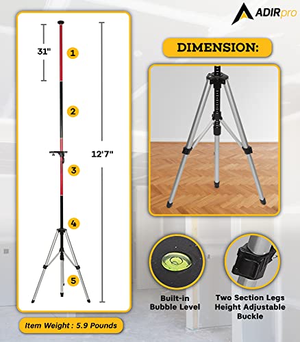 AdirPro Laser Level Pole with Tripod and Mount for Laser Levels, Rotary Lasers & Line Lasers – Telescoping Laser Pole, Mounting Bracket with 1/4”-20 & 5/8-11 Threads, and Adjustable Tripod Stand