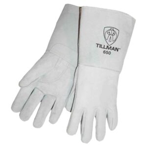john tillman and co tillman large 14" pearl gray top grain cowhide cottonfoam lined stick welders gloves with welted fingers and kevlar thread locking stitch (carded), til650l