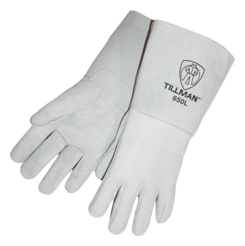 John Tillman and Co Tillman Large 14" Pearl Gray Top Grain Cowhide CottonFoam Lined Stick Welders Gloves with Welted Fingers and Kevlar Thread Locking Stitch (Carded), TIL650L