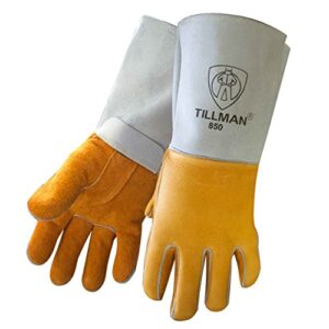 gold 14" top grain elk cotton/foam lined welders gloves with straight thumb, stiff cowhide cuff, welted fingers, para-aramid synthetic fiber® stitching and pull tab (carded)