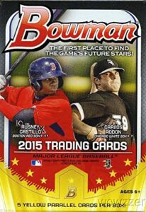 2015 bowman mlb baseball exclusive factory sealed hanger box with 35 cards including 5 special yellow parallel cards ! look for rookie cards and autographs of all the top mlb draft picks!