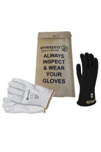 enespro class 00 black rubber voltage insulating glove kit with leather protectors, max. use voltage 500v ac/ 750v dc (kitgc00b08)