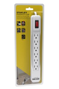 stanley powermax 6-outlet power strip with usb- 30024; 3 ft heavy duty extension cord, white