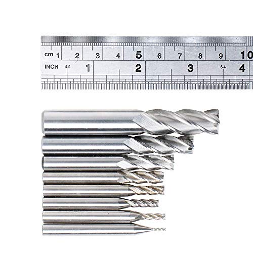 AUTOTOOLHOME 1/8" 3/16" 1/4" 5/16" 3/8" 1/2" high Speed Steel HSS 4 Flute Straight End Mill Cutter 5/32" 1/16" Set of 8