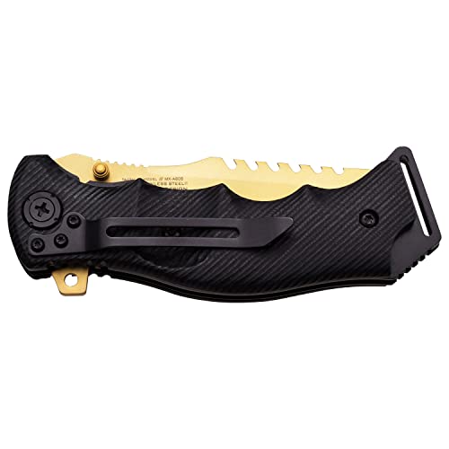 MTech USA Xtreme – Spring Assisted Open Folding Knife – Gold TiNite Coated Stainless Steel Tanto Blade with Sawback, Black G10 Handle, Liner Lock, EDC, Tactical – MX-A805GD