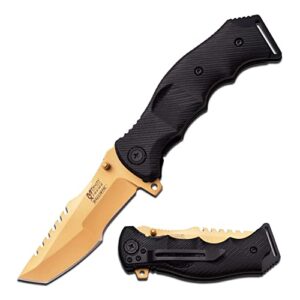 mtech usa xtreme – spring assisted open folding knife – gold tinite coated stainless steel tanto blade with sawback, black g10 handle, liner lock, edc, tactical – mx-a805gd