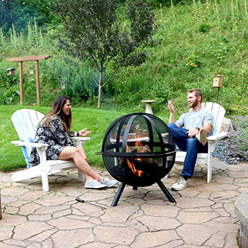 Sunnydaze Flaming Ball 30-Inch Wood-Burning Steel Fire Pit with Protective 200D PVC Cover and 16-Inch L Poker - Black