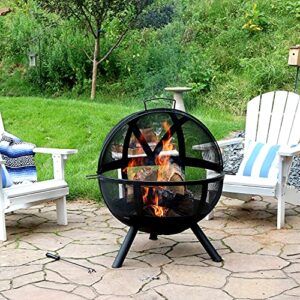 Sunnydaze Flaming Ball 30-Inch Wood-Burning Steel Fire Pit with Protective 200D PVC Cover and 16-Inch L Poker - Black