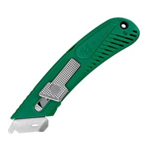 pacific handy cutter s4sr self-retracting safety cutter with fixed metal guard, bladeless tape splitter, steel guard for safety and damage protection, for warehouse and in-store cutting, green