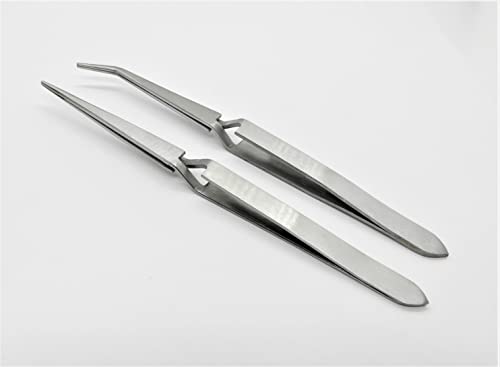 Cross Lock Tweezer Set Of 2 Bent & Straight Self Closing Holding Tweezers S.S.