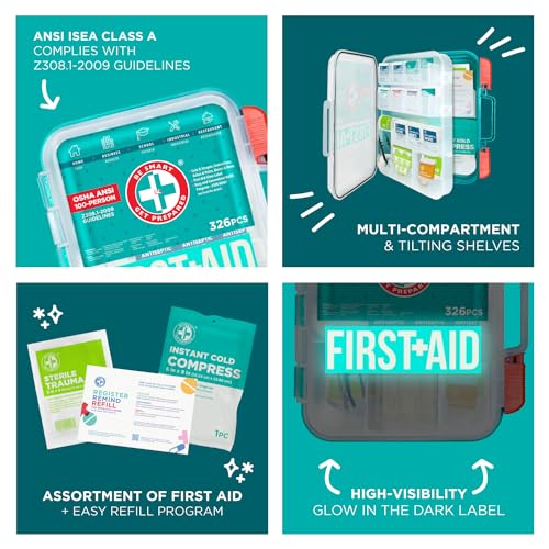 Be Smart Get Prepared First Aid Kit, Teal, 326 Piece, Exceeds OSHA and ANSI Guidelines 100 People - Office, Home, Car, School, Emergency, Survival, Camping, Hunting and Sports