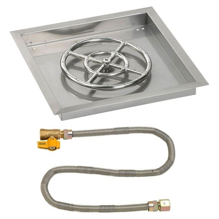 American Fireglass 18" Square Stainless Steel Drop-in Pan with Match Light Kit (12" Fire Pit Ring) Natural Gas