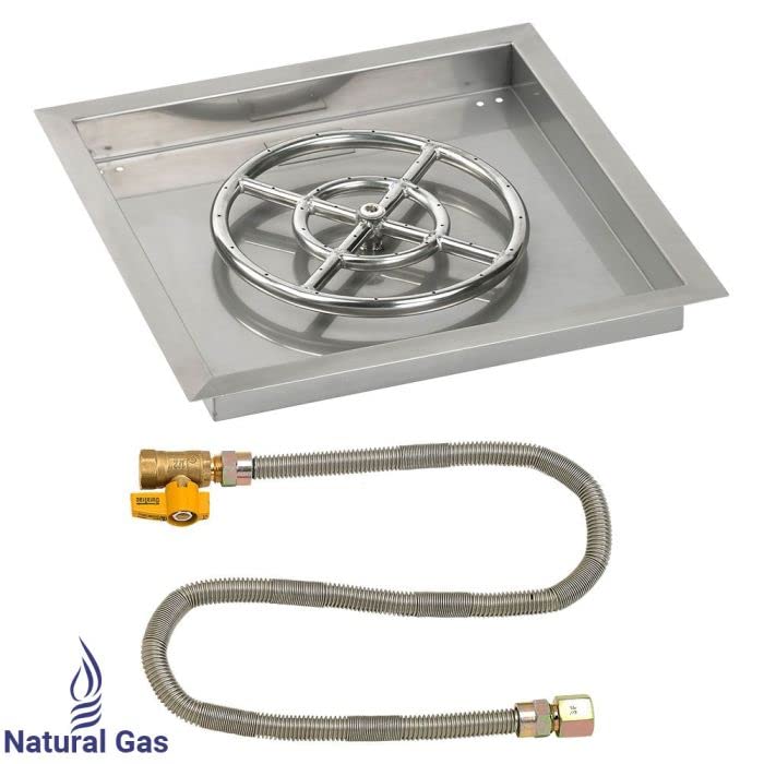 American Fireglass 18" Square Stainless Steel Drop-in Pan with Match Light Kit (12" Fire Pit Ring) Natural Gas