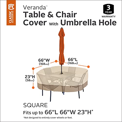 Classic Accessories Veranda Water-Resistant 66 Inch Square Patio Table & Chair Set Cover with Umbrella Hole, Outdoor Table Cover, Pebble