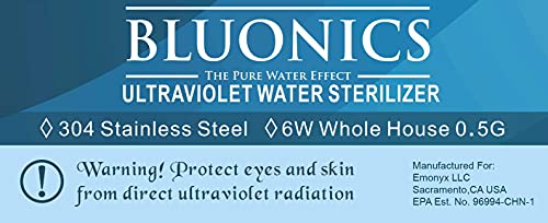 Bluonics Ultraviolet Light Water Purifier UV Sterilizer for Reverse Osmosis Drinking Water System 0.5 GPM