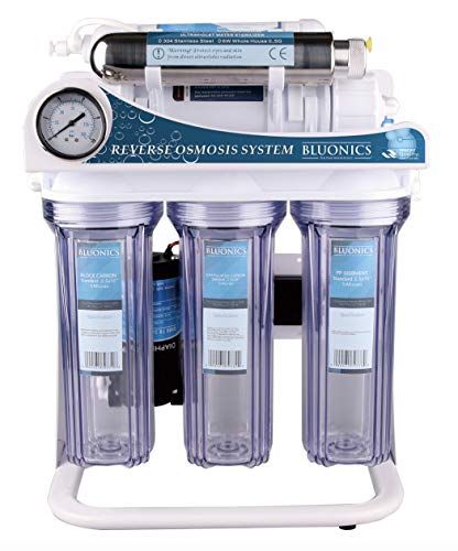 Bluonics Ultraviolet Reverse Osmosis 100GPD Water Sterilizer Filter System for Drinking Water with 6W Under Sink UV - 6 Stage 100GPD RO Filter NSF Certified Membrane and Clear Housings