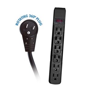 acl 10 feet surge protector, flat rotating plug, 6 outlet, black horizontal outlets, plastic, power cord, 1 pack