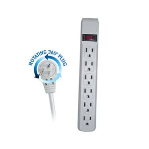 acl 4 feet surge protector, flat rotating plug, 6 outlet, gray horizontal outlets, plastic, power cord, 1 pack