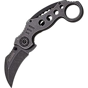 tac force tf-578sw spring assist folding knife, black stonewashed hawkbill blade, black stonewashed handle, 5" closed