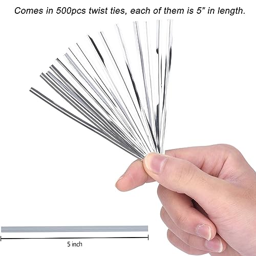 Easytle 500 Pcs Metallic Twist Ties 5" Sliver Twist Ties for Bags Foil Twist Ties Bread Ties Plastic Cable Ties Candy Ties Twist Tie Bag Ties for Bread Bags Gift Bags Wrapping Cello Bags Treat Bags