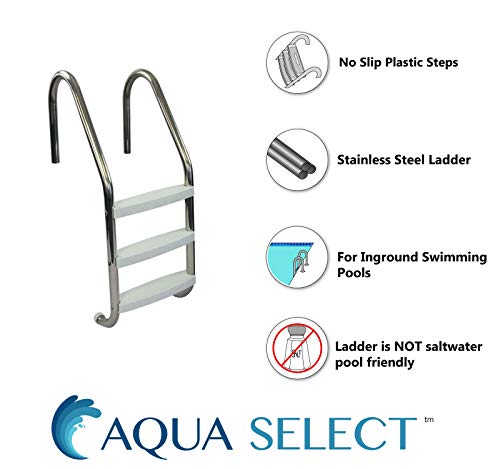 Aqua Select Three Tread Stainless Steel Pool Ladder | Entry and Exit System for In-Ground Swimming Pools | 250 Pound Capacity | 1.90-Inch Outer Diameter | with Non-Slip Plastic White Steps