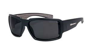 boogie bomb bg103 floating safety sunglasses: matte black frame, smoke pc safety lens, non-slip gray foam lining, ansi z87+ compliant, uva/uvb, safe for rugged activity, wet conditions.