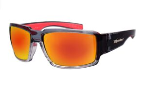 bomber floating safety glasses for men, 2-tone crystal smoke frame, red mirror pc safety lens, non-slip foam lining, ansi z87+ compliant, safe for rugged activity, wet conditions.