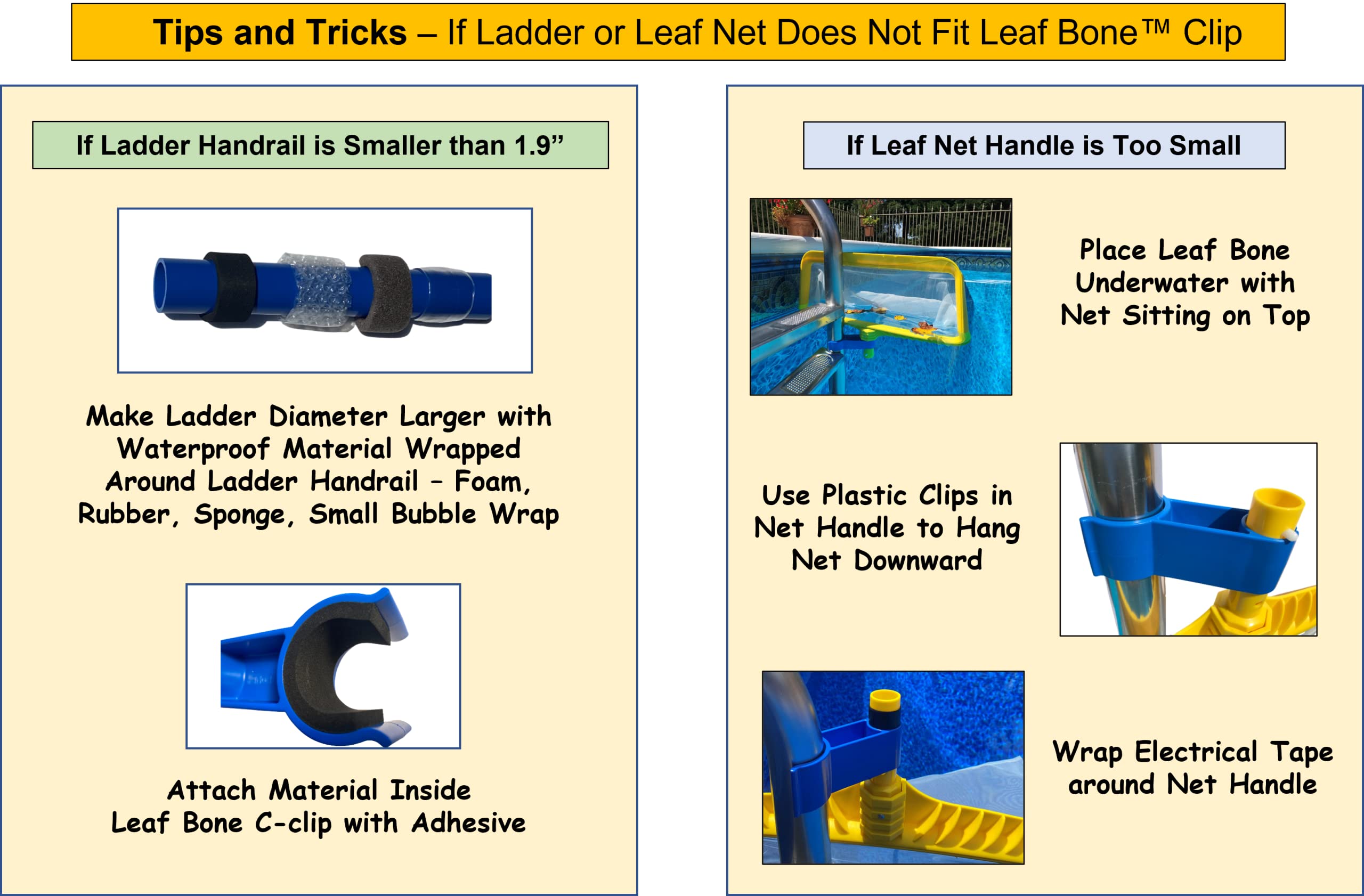 Leaf Bone - Leaf Net Skimmer Clip, In-Ground Swimming Pools and ONLY 1.9" Steel Ladder Handrails (Net Not Included), Leaf Rake Ladder Attachment