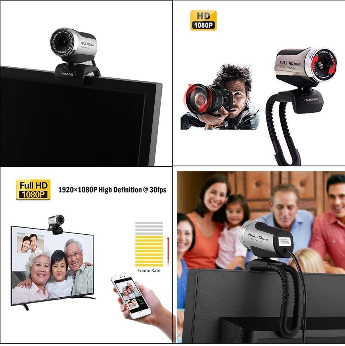 AUSDOM HD Webcam 1080P with Microphone, USB Desktop Laptop Web Camera 12.0MP, Auto Exposure, Pro Streaming Computer Camera for Laptop/Desktop/Skype/FaceTime/YouTube/Yahoo Messenger/Zoom