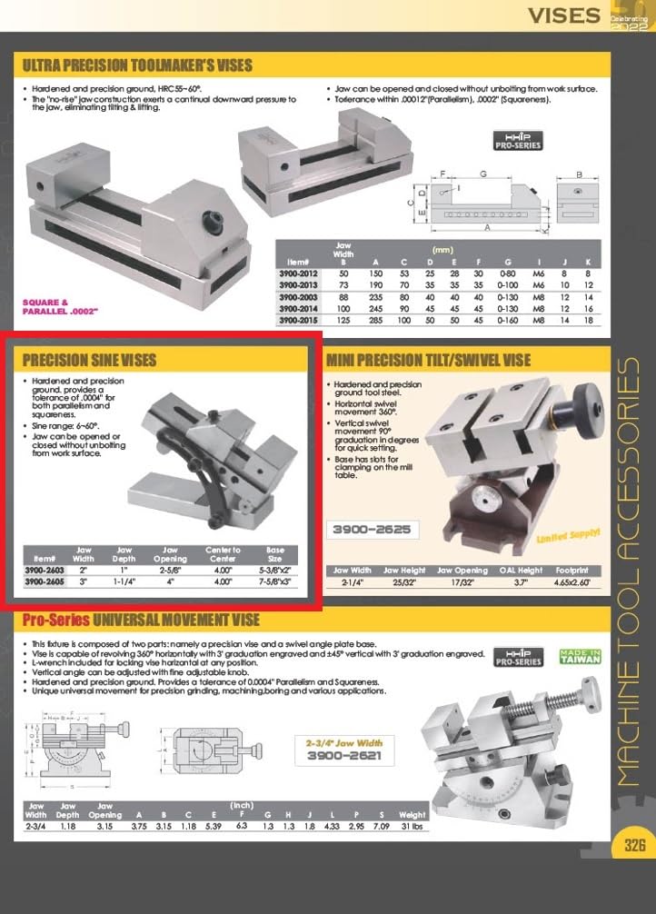 HHIP 3900-2603 2' Precision Sine Vise, 2-5/8' Opening