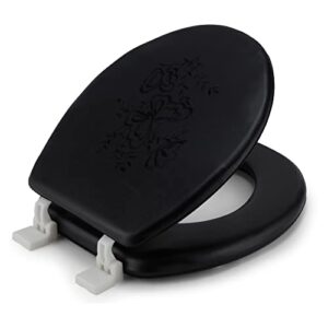 j&v textiles embroidered soft round toilet seat with easy clean & change hinge, padded (black)