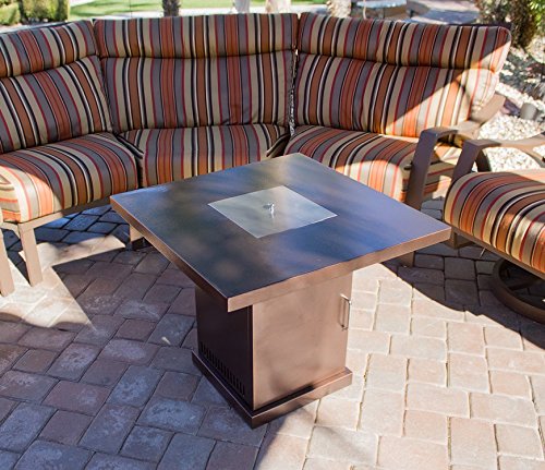 Hiland GSF-PR-PC Propane Fire Pit, 42,000 BTU, Stainless Steel Lid w/Fire Glass, Square, Hammered Bronze