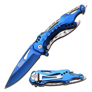 mtech usa – spring assisted folding knife – blue tinite coated fine edge stainless steel blade, blue aluminum handle, pocket clip, tactical, edc, self defense- mt-a705sbl,blue/silver