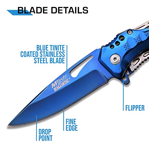 MTech USA – Spring Assisted Folding Knife – Blue TiNite Coated Fine Edge Stainless Steel Blade, Blue Aluminum Handle, Pocket Clip, Tactical, EDC, Self Defense- MT-A705SBL,Blue/Silver